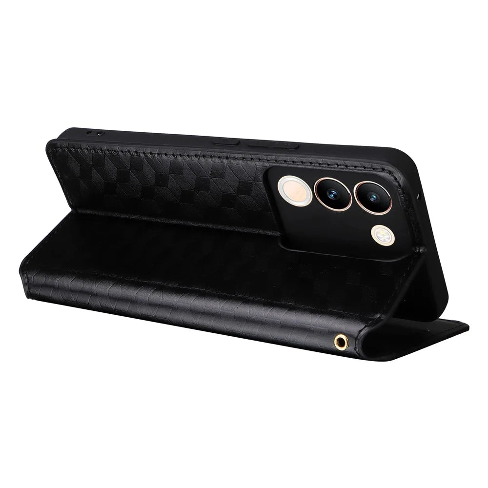 For vivo V29e (Global) 5G / Y200 (India) 5G Case Rhombus Imprinted Phone Cover with Wallet Stand - Black - 4