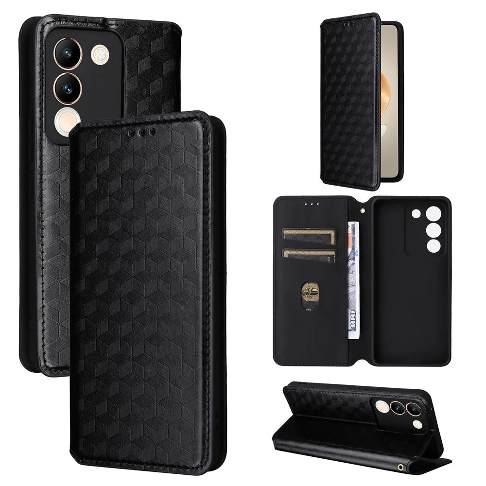 For vivo V29e (Global) 5G / Y200 (India) 5G Case Rhombus Imprinted Phone Cover with Wallet Stand - Black - 5