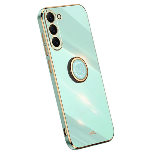 XINLI For Samsung Galaxy S24+ Cover Golden Edge TPU Phone Case with Ring Kickstand - Cyan - 1