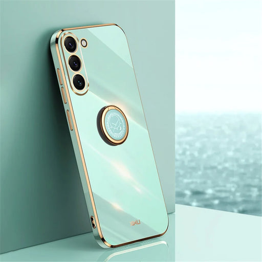XINLI For Samsung Galaxy S24+ Cover Golden Edge TPU Phone Case with Ring Kickstand - Cyan - 2