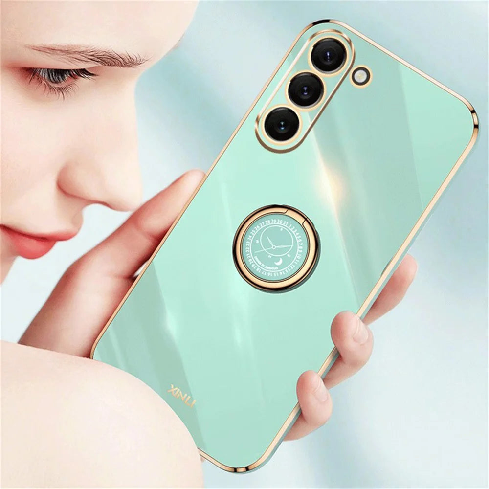 XINLI For Samsung Galaxy S24+ Cover Golden Edge TPU Phone Case with Ring Kickstand - Cyan - 4
