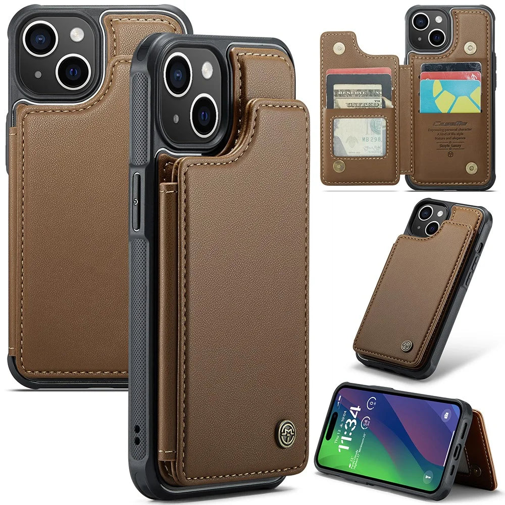 For iPhone 15 Plus Phone Case CASEME C22 Leather Back Cover with RFID Blocking Card Slots - Brown - 1