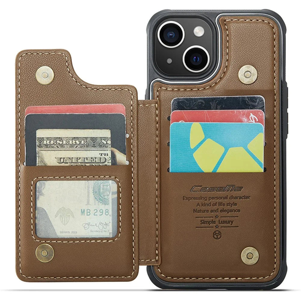 For iPhone 15 Plus Phone Case CASEME C22 Leather Back Cover with RFID Blocking Card Slots - Brown - 2