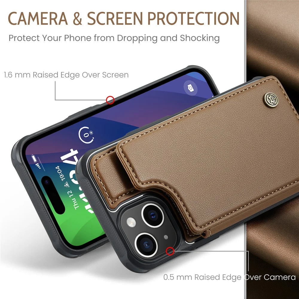 For iPhone 15 Plus Phone Case CASEME C22 Leather Back Cover with RFID Blocking Card Slots - Brown - 5