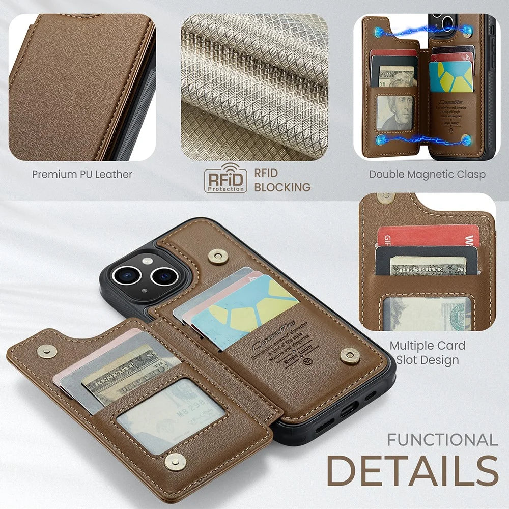 For iPhone 15 Plus Phone Case CASEME C22 Leather Back Cover with RFID Blocking Card Slots - Brown - 6