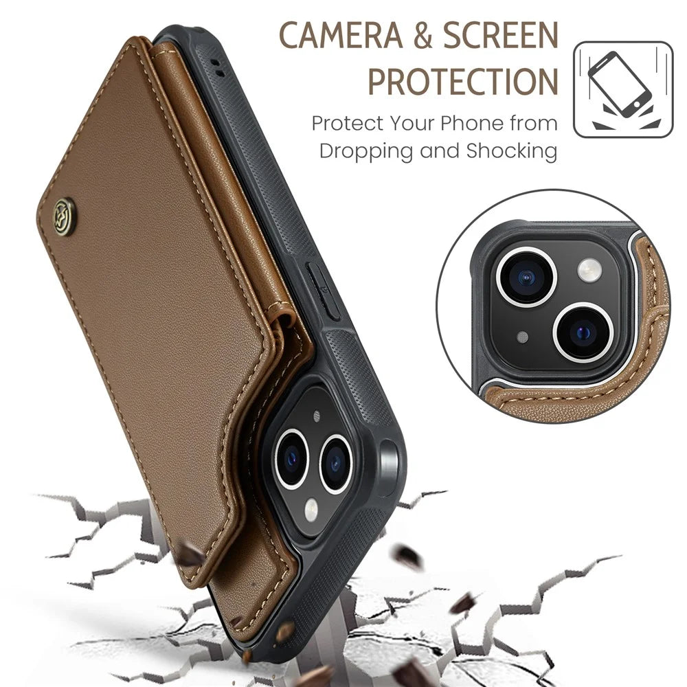 For iPhone 15 Plus Phone Case CASEME C22 Leather Back Cover with RFID Blocking Card Slots - Brown - 7