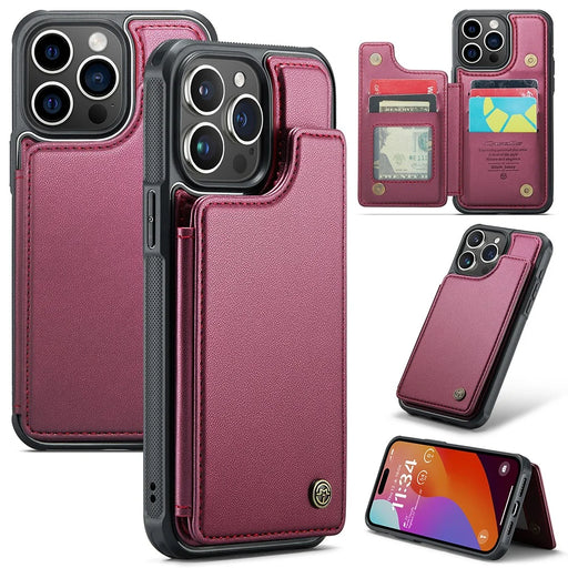 For iPhone 15 Pro Max Phone Case CASEME C22 Leather Back Cover with RFID Blocking Card Slots - Red - 1
