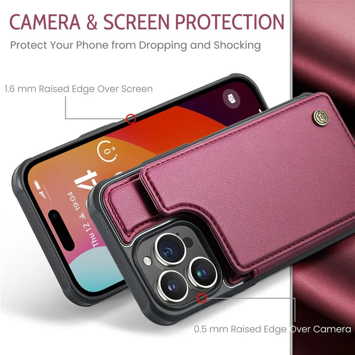 For iPhone 15 Pro Max Phone Case CASEME C22 Leather Back Cover with RFID Blocking Card Slots - Red - 5
