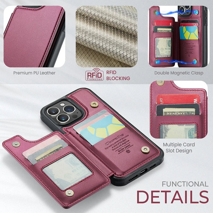 For iPhone 15 Pro Max Phone Case CASEME C22 Leather Back Cover with RFID Blocking Card Slots - Red - 6