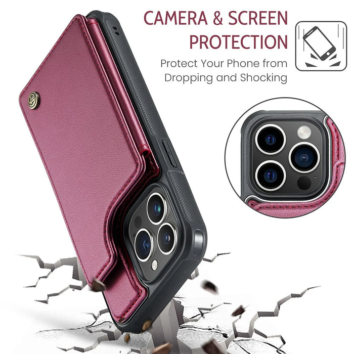 For iPhone 15 Pro Max Phone Case CASEME C22 Leather Back Cover with RFID Blocking Card Slots - Red - 7