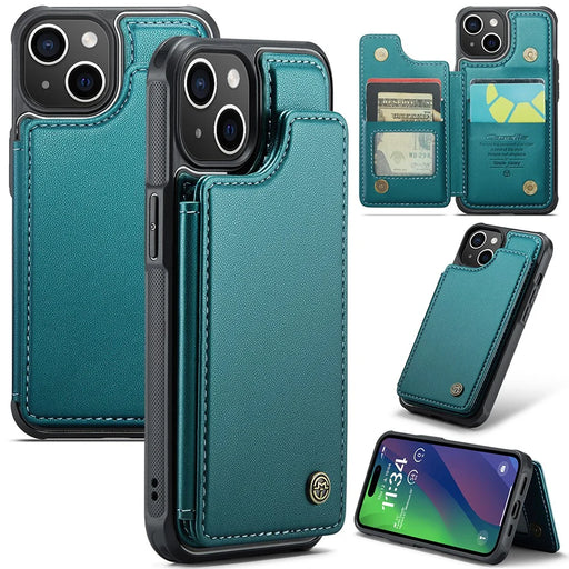 For iPhone 15 Phone Case CASEME C22 Leather Back Cover with RFID Blocking Card Slots - Green - 1