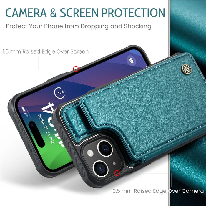 For iPhone 15 Phone Case CASEME C22 Leather Back Cover with RFID Blocking Card Slots - Green - 5