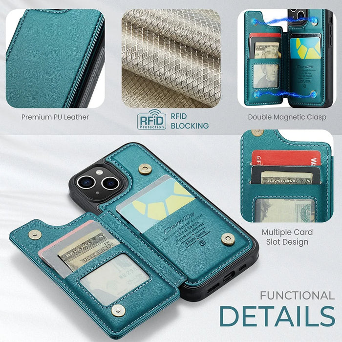 For iPhone 15 Phone Case CASEME C22 Leather Back Cover with RFID Blocking Card Slots - Green - 6
