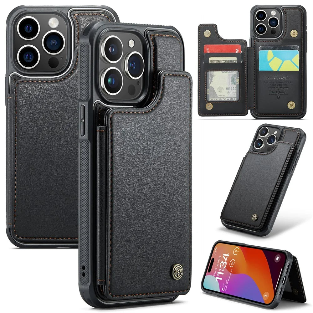 For iPhone 15 Pro Phone Case CASEME C22 Leather Back Cover with RFID Blocking Card Slots - Black - 1