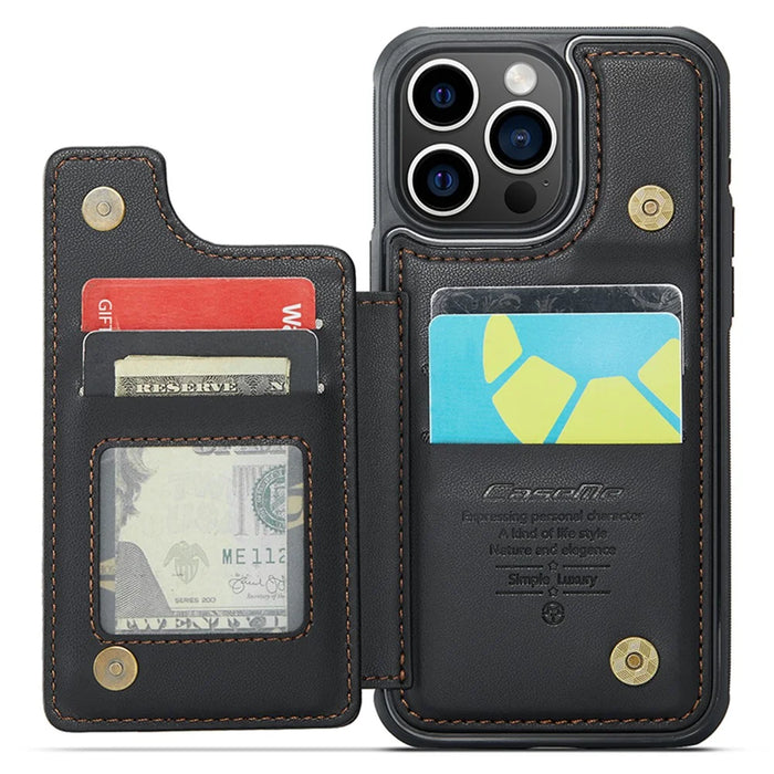 For iPhone 15 Pro Phone Case CASEME C22 Leather Back Cover with RFID Blocking Card Slots - Black - 2