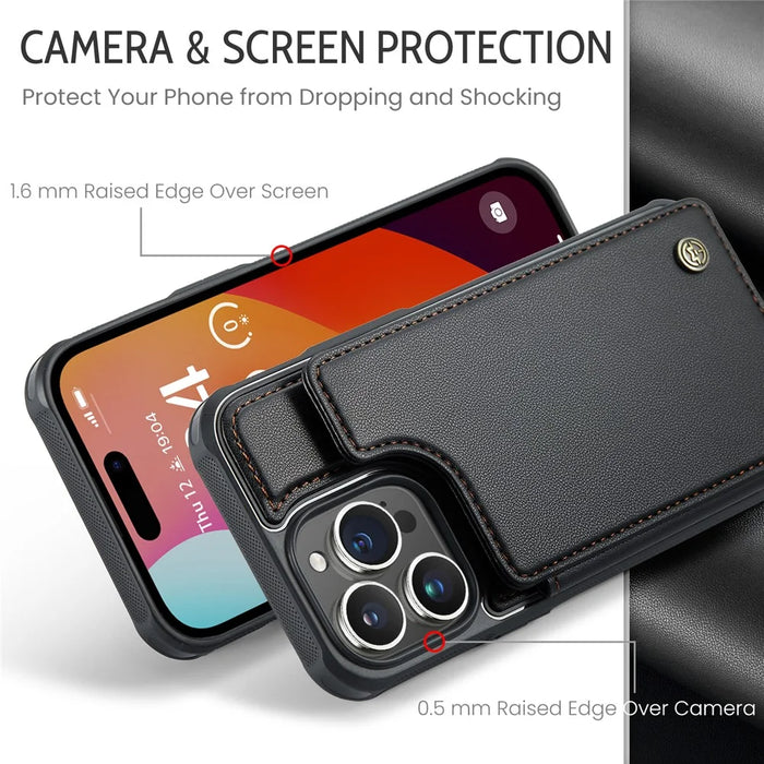 For iPhone 15 Pro Phone Case CASEME C22 Leather Back Cover with RFID Blocking Card Slots - Black - 5