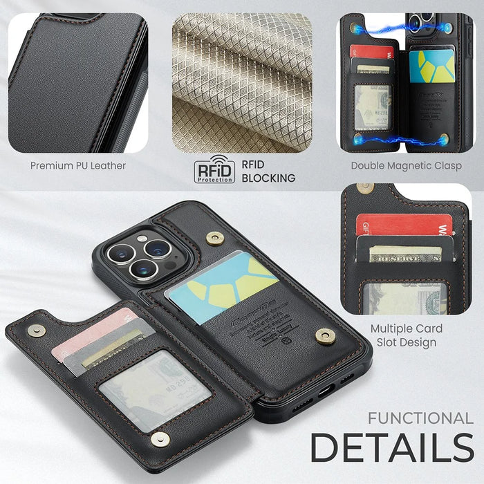 For iPhone 15 Pro Phone Case CASEME C22 Leather Back Cover with RFID Blocking Card Slots - Black - 6