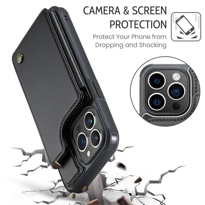 For iPhone 15 Pro Phone Case CASEME C22 Leather Back Cover with RFID Blocking Card Slots - Black - 7