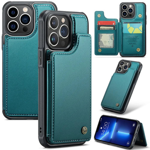 For iPhone 13 Pro Phone Case CASEME C22 Leather Back Cover with RFID Blocking Card Slots - Green - 1