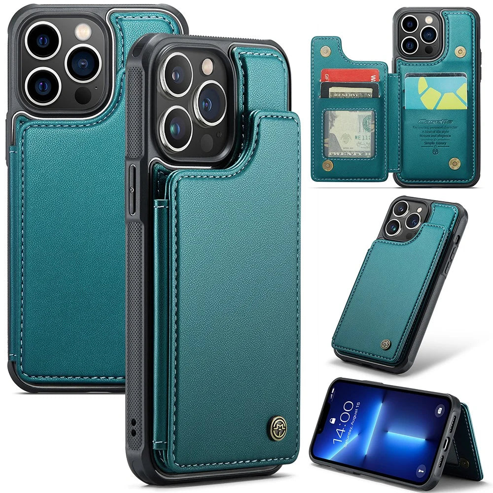 For iPhone 13 Pro Phone Case CASEME C22 Leather Back Cover with RFID Blocking Card Slots - Green - 1