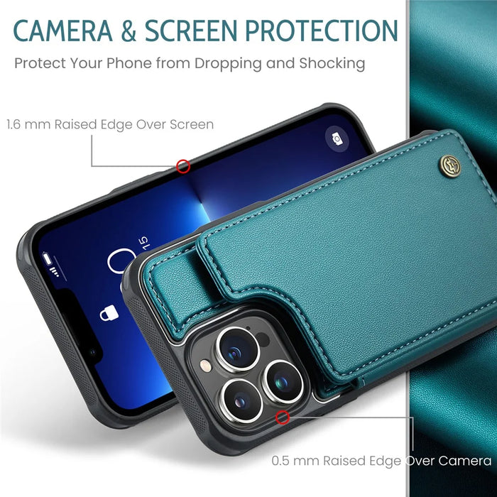 For iPhone 13 Pro Phone Case CASEME C22 Leather Back Cover with RFID Blocking Card Slots - Green - 5