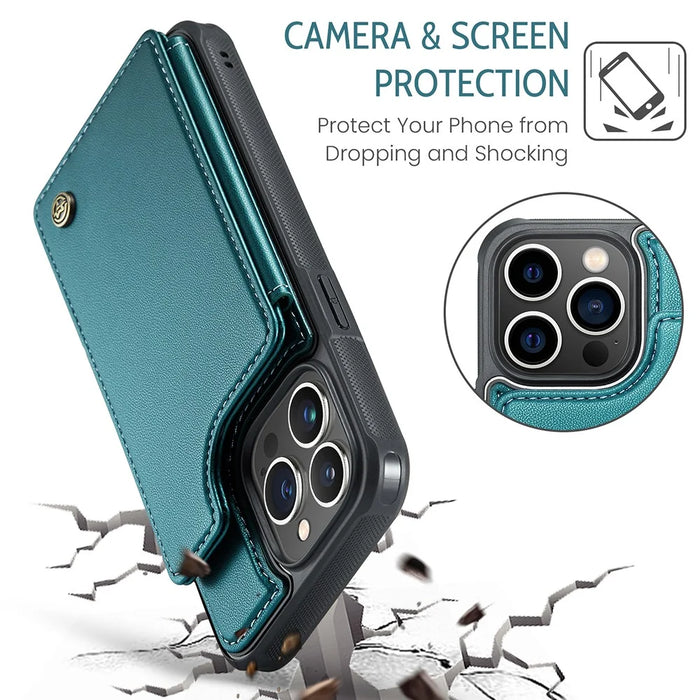 For iPhone 13 Pro Phone Case CASEME C22 Leather Back Cover with RFID Blocking Card Slots - Green - 7