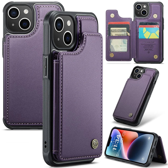 For iPhone 14 Plus Phone Case CASEME C22 Leather Back Cover with RFID Blocking Card Slots - Purple - 1