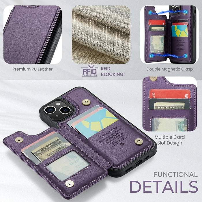 For iPhone 14 Plus Phone Case CASEME C22 Leather Back Cover with RFID Blocking Card Slots - Purple - 6