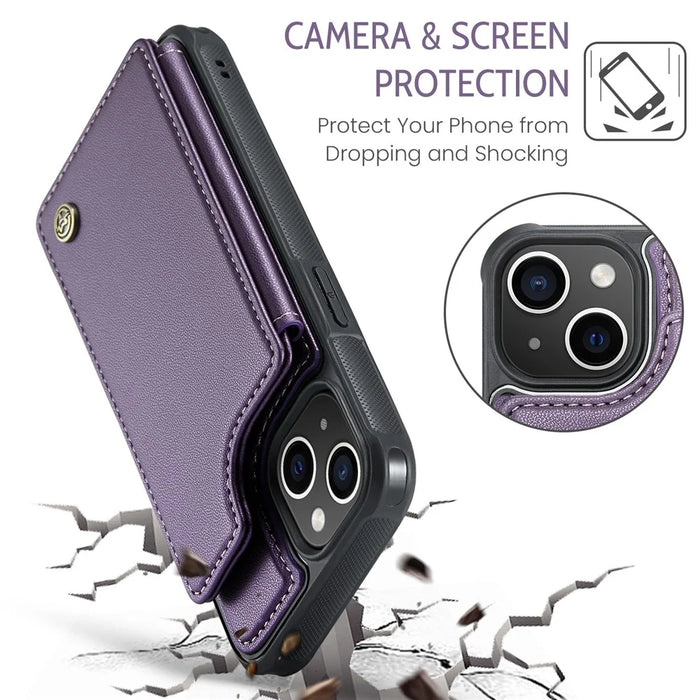For iPhone 14 Plus Phone Case CASEME C22 Leather Back Cover with RFID Blocking Card Slots - Purple - 7