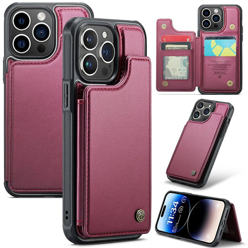 For iPhone 14 Pro Phone Case CASEME C22 Leather Back Cover with RFID Blocking Card Slots - Red - 1