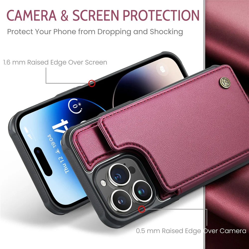 For iPhone 14 Pro Phone Case CASEME C22 Leather Back Cover with RFID Blocking Card Slots - Red - 5