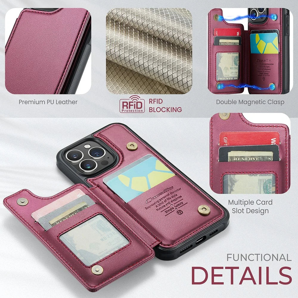 For iPhone 14 Pro Phone Case CASEME C22 Leather Back Cover with RFID Blocking Card Slots - Red - 6