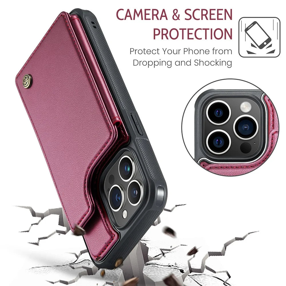 For iPhone 14 Pro Phone Case CASEME C22 Leather Back Cover with RFID Blocking Card Slots - Red - 7