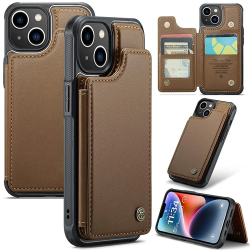 For iPhone 14 Phone Case CASEME C22 Leather Back Cover with RFID Blocking Card Slots - Brown - 1