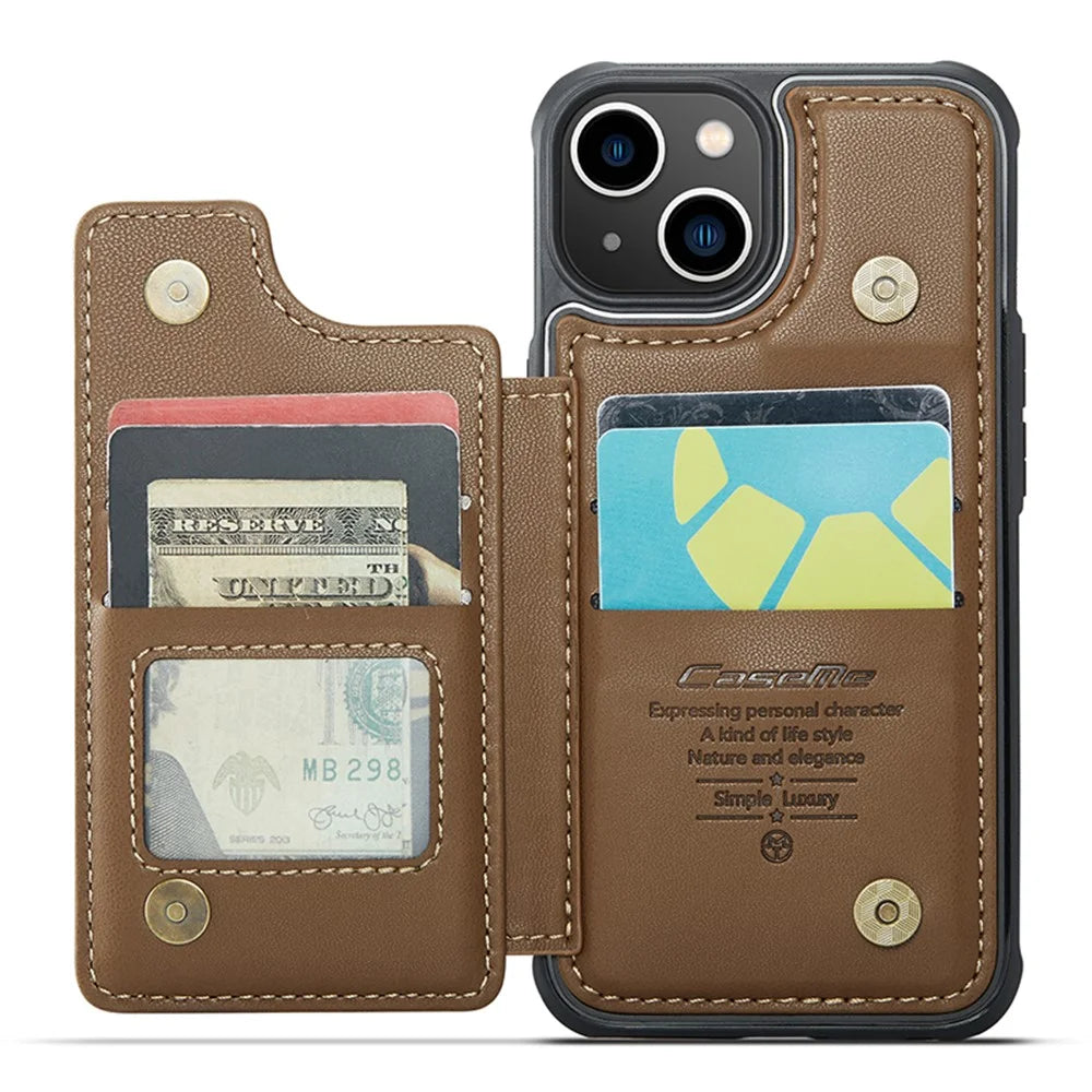 For iPhone 14 Phone Case CASEME C22 Leather Back Cover with RFID Blocking Card Slots - Brown - 2