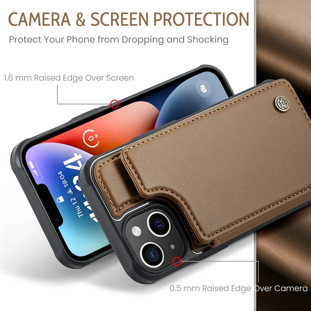For iPhone 14 Phone Case CASEME C22 Leather Back Cover with RFID Blocking Card Slots - Brown - 5