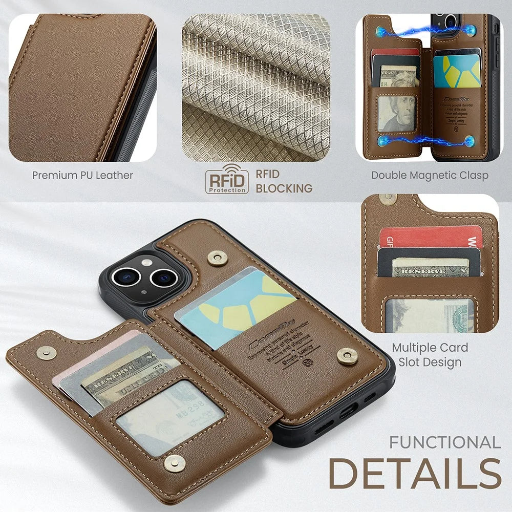 For iPhone 14 Phone Case CASEME C22 Leather Back Cover with RFID Blocking Card Slots - Brown - 6