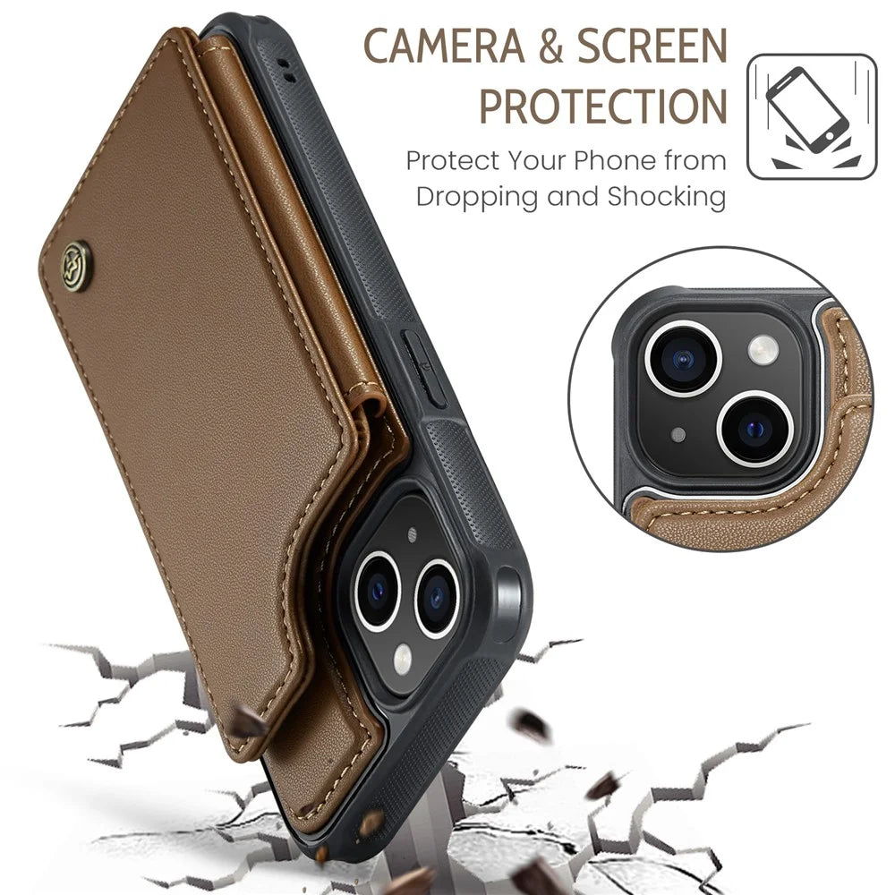 For iPhone 14 Phone Case CASEME C22 Leather Back Cover with RFID Blocking Card Slots - Brown - 7