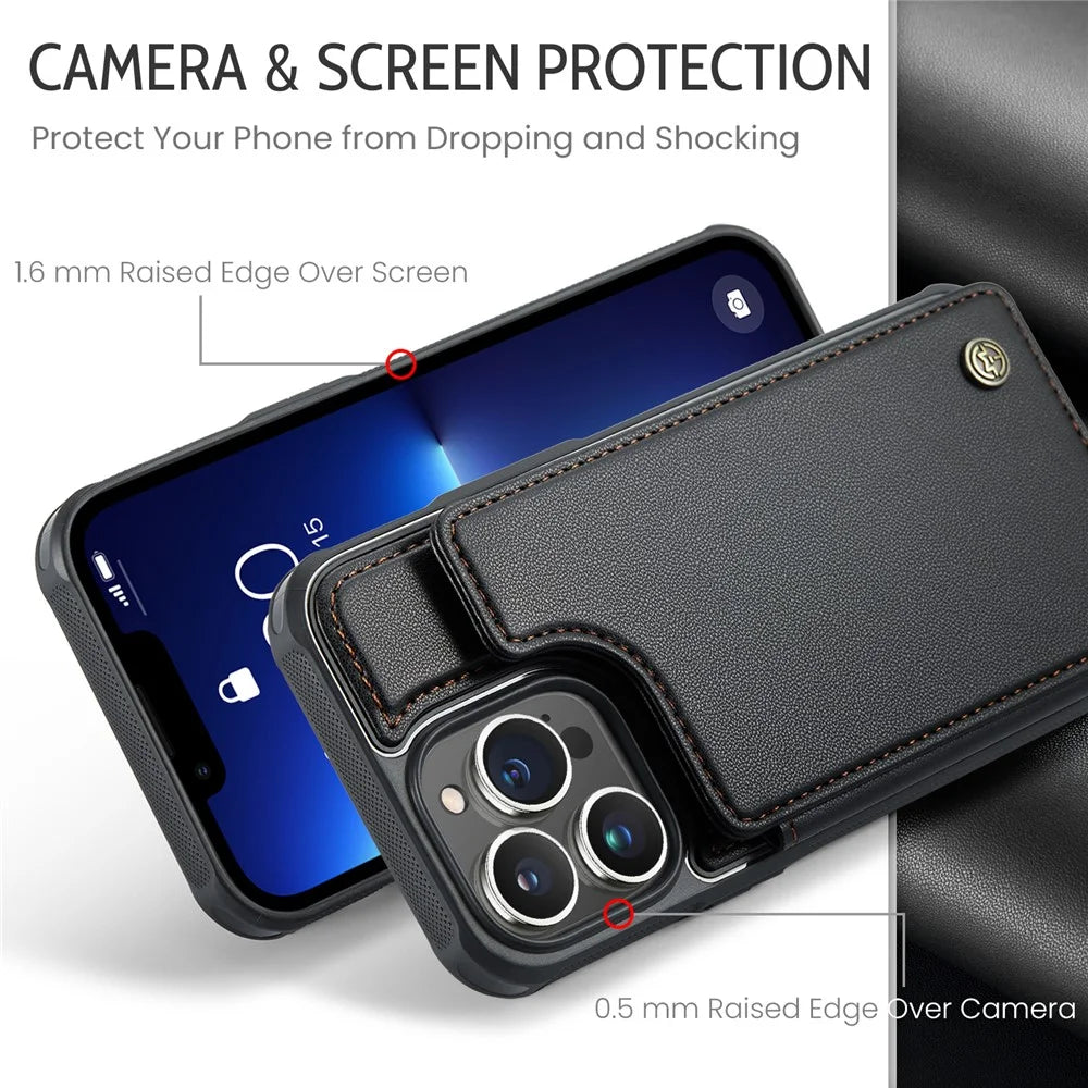 For iPhone 13 Pro Max Phone Case CASEME C22 Leather Back Cover with RFID Blocking Card Slots - Black - 5