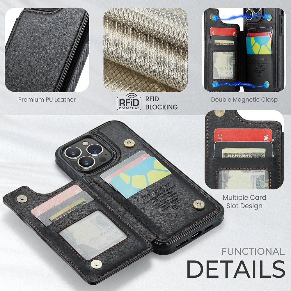 For iPhone 13 Pro Max Phone Case CASEME C22 Leather Back Cover with RFID Blocking Card Slots - Black - 6