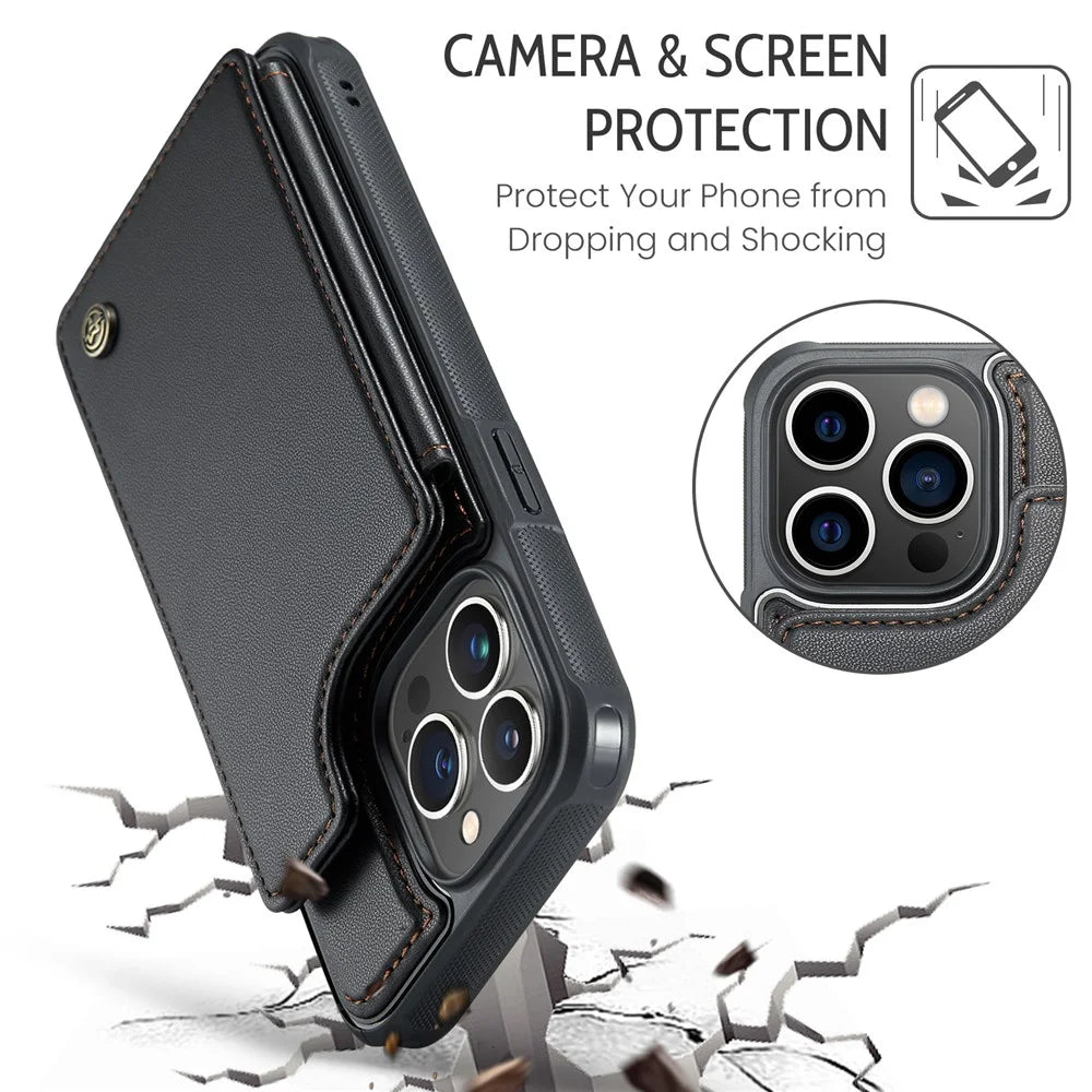 For iPhone 13 Pro Max Phone Case CASEME C22 Leather Back Cover with RFID Blocking Card Slots - Black - 7
