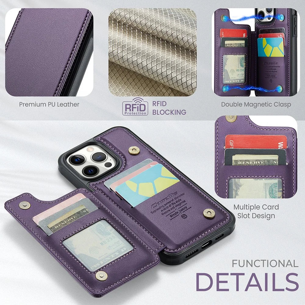 For iPhone 12 Pro Max Phone Case CASEME C22 Leather Back Cover with RFID Blocking Card Slots - Purple - 6