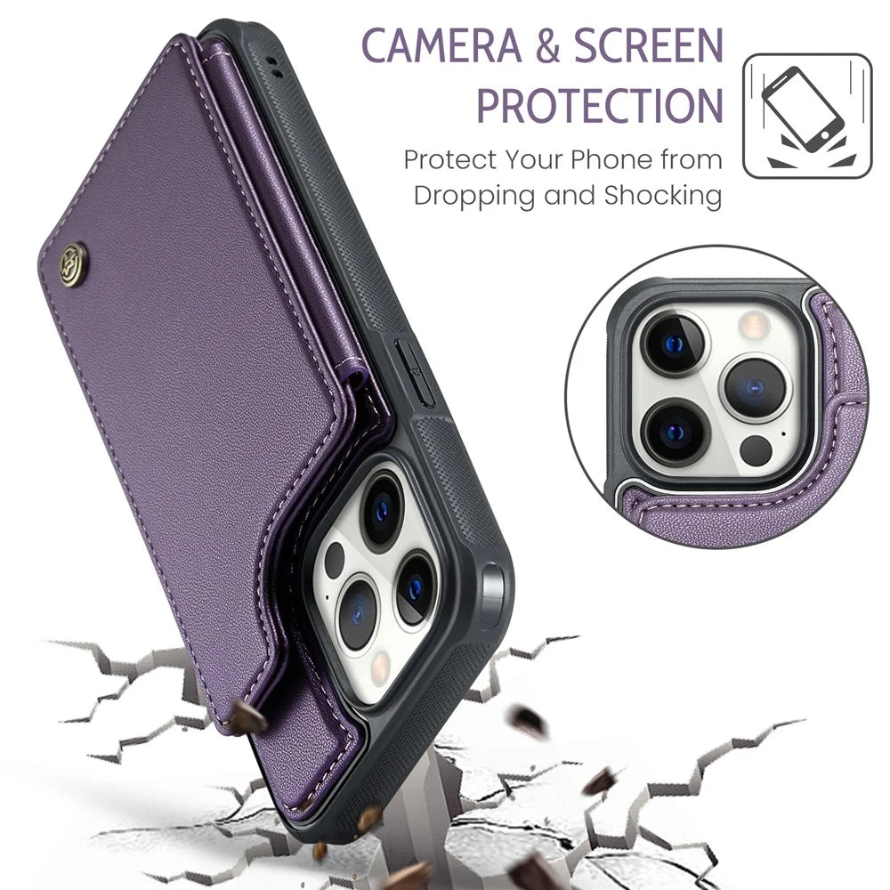 For iPhone 12 Pro Max Phone Case CASEME C22 Leather Back Cover with RFID Blocking Card Slots - Purple - 7