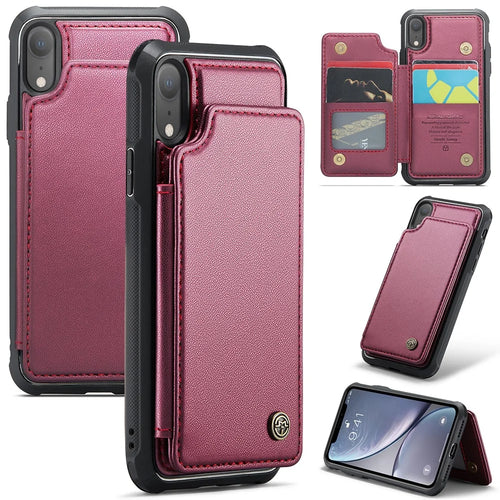 For iPhone XR Phone Case CASEME C22 Leather Back Cover with RFID Blocking Card Slots - Red - 1