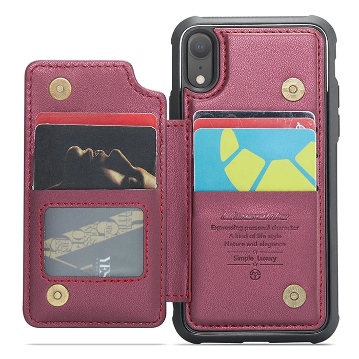 For iPhone XR Phone Case CASEME C22 Leather Back Cover with RFID Blocking Card Slots - Red - 2