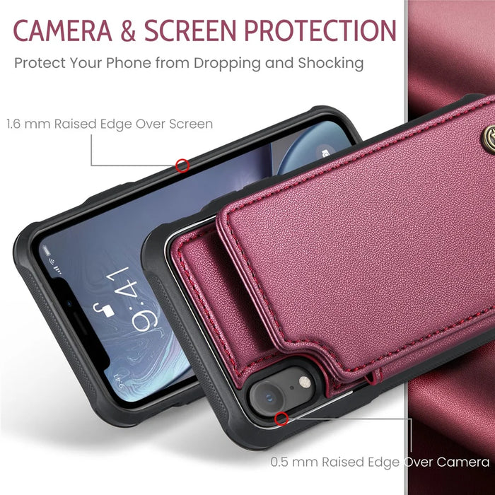 For iPhone XR Phone Case CASEME C22 Leather Back Cover with RFID Blocking Card Slots - Red - 5