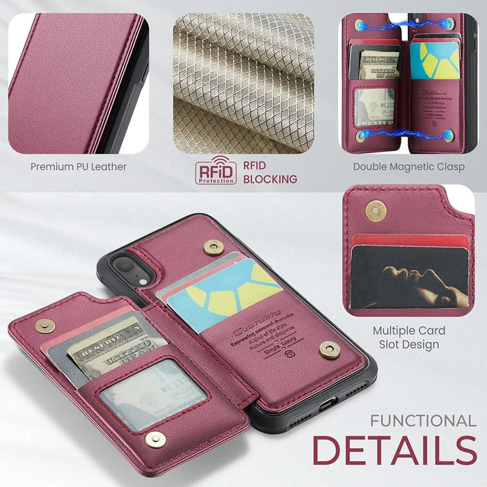For iPhone XR Phone Case CASEME C22 Leather Back Cover with RFID Blocking Card Slots - Red - 6