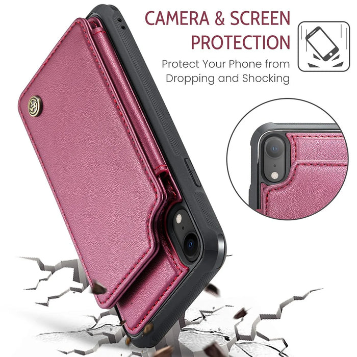 For iPhone XR Phone Case CASEME C22 Leather Back Cover with RFID Blocking Card Slots - Red - 7