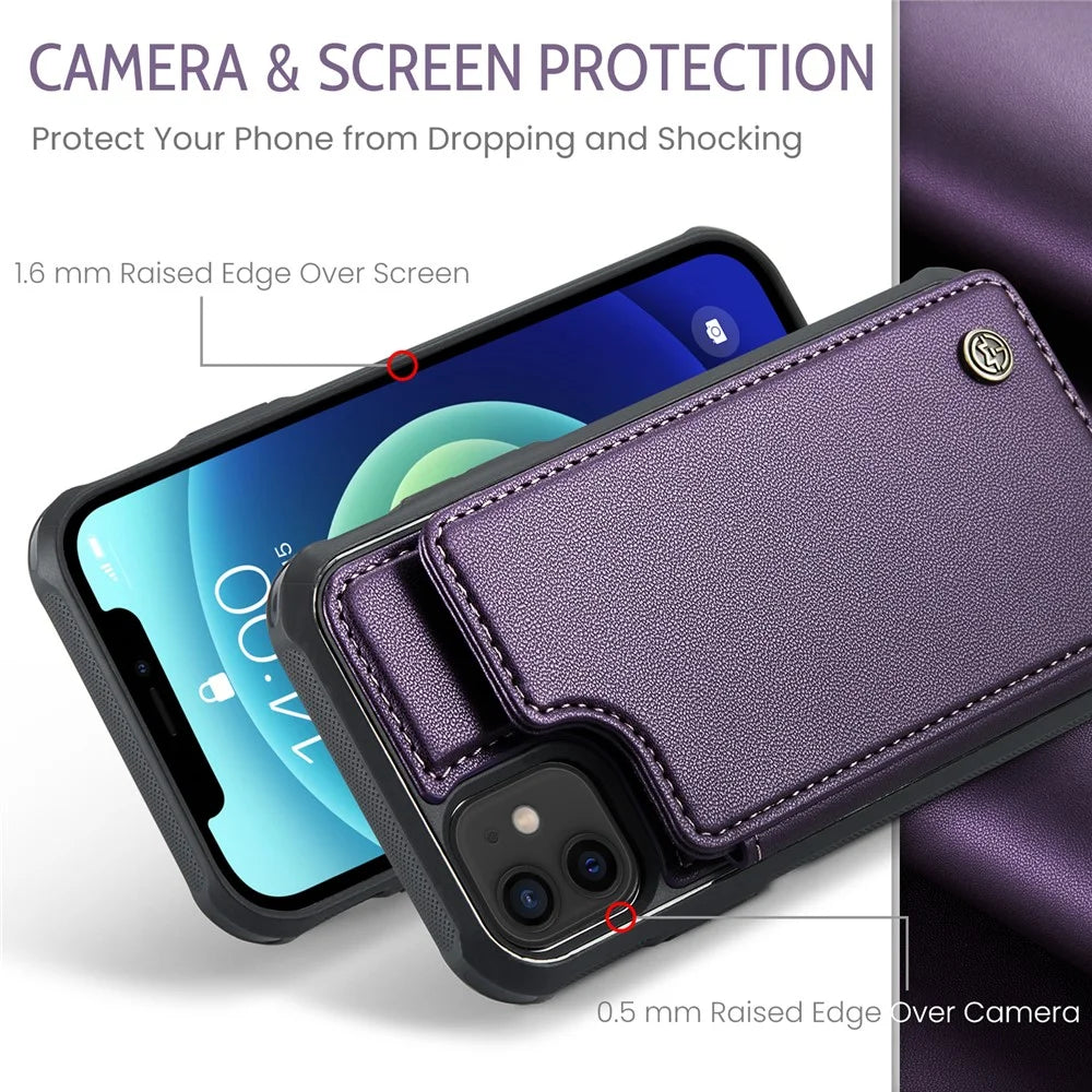 For iPhone 12 / 12 Pro Phone Case CASEME C22 Leather Back Cover with RFID Blocking Card Slots - Purple - 5