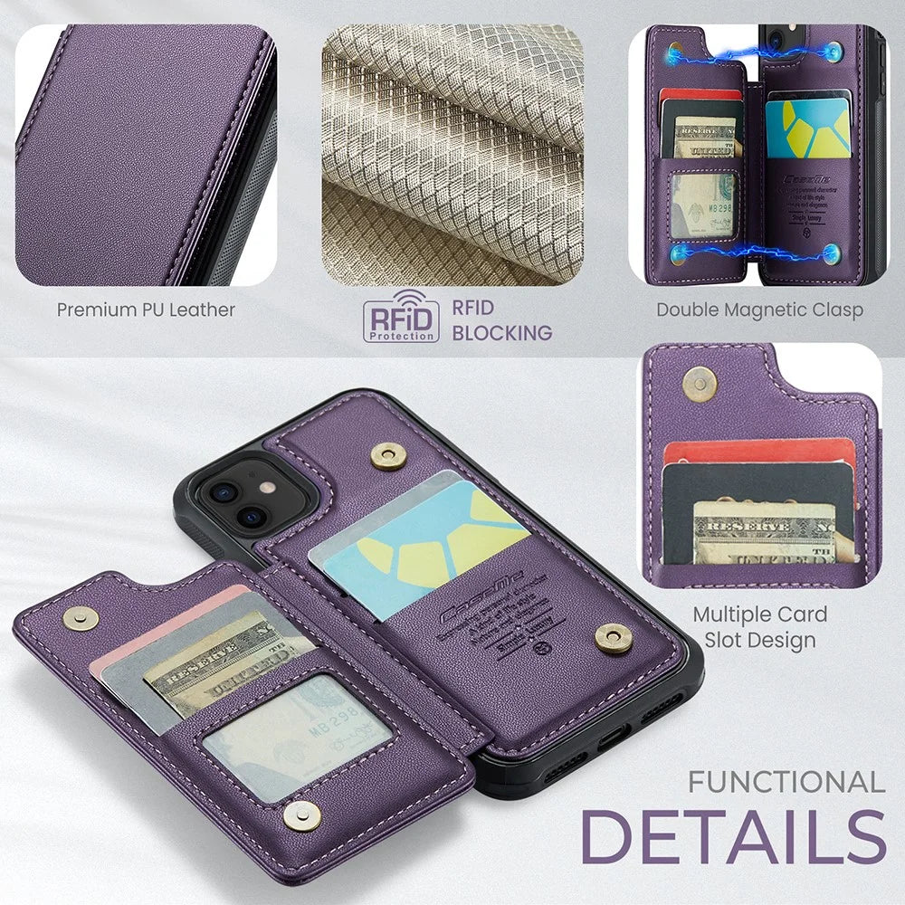 For iPhone 12 / 12 Pro Phone Case CASEME C22 Leather Back Cover with RFID Blocking Card Slots - Purple - 6